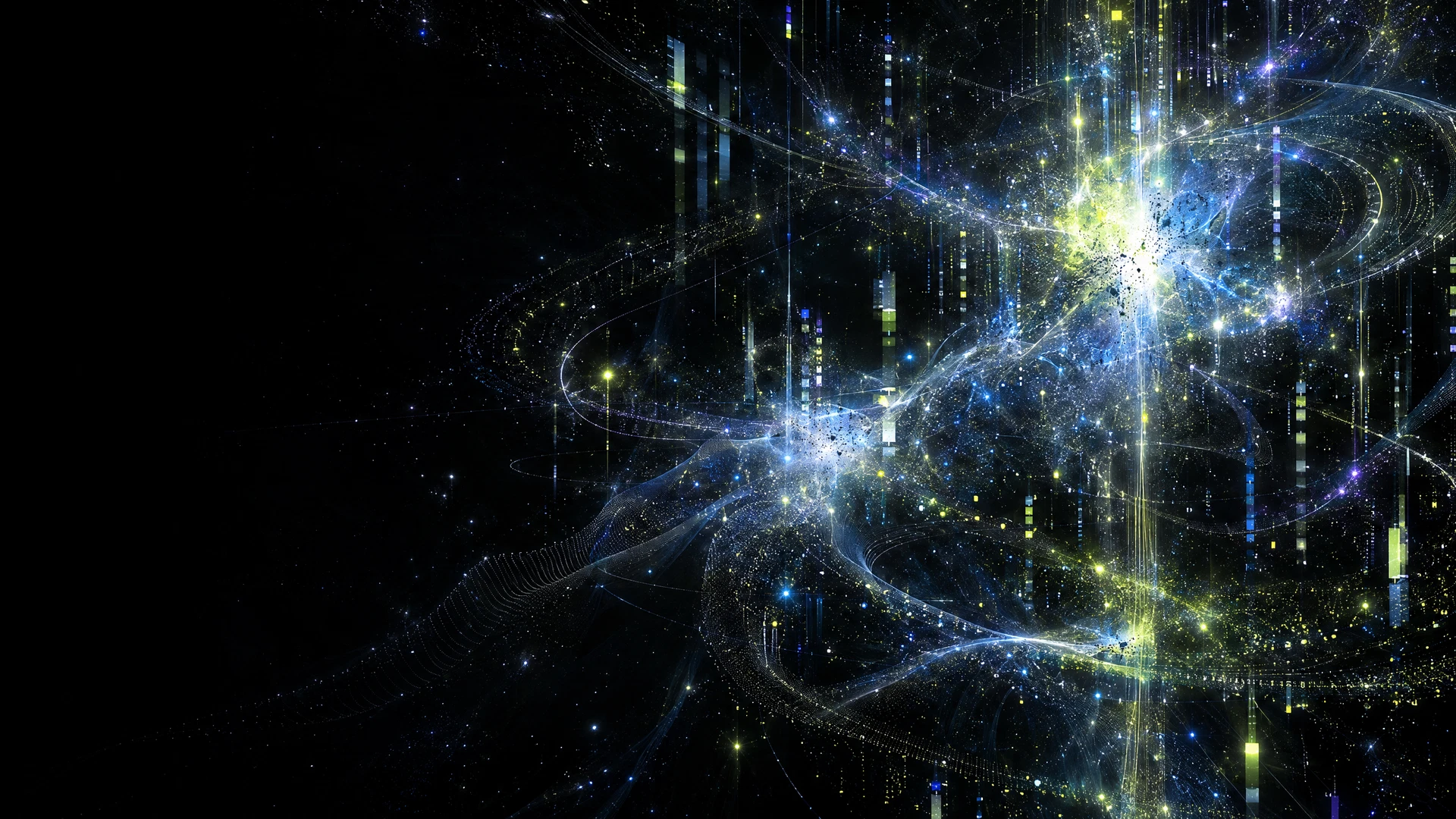 Abstract quantum constellation in chartreuse, silver and cobalt